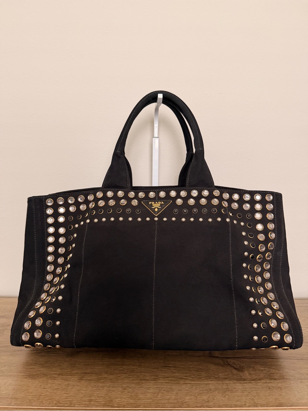 Large Prada Canapa Bijoux black studded handbag